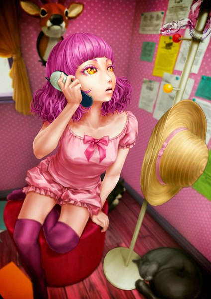 Anime picture 1000x1414 with original pi (pppppchang) single tall image breasts sitting holding looking away pink hair lying orange eyes girl thighhighs bow hat animal window cat straw hat phone