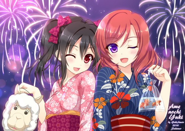 Anime picture 1100x784 with love live! school idol project sunrise (studio) love live! nishikino maki yazawa nico ameto yuki looking at viewer short hair black hair red eyes purple eyes twintails multiple girls red hair traditional clothes japanese clothes one eye closed wink fireworks girl