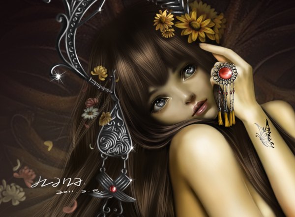 Anime picture 1556x1147 with original nana hang single long hair brown hair bare shoulders hair flower lips black eyes realistic inscription tattoo topless covering covering breasts girl hair ornament flower (flowers) jewelry ring