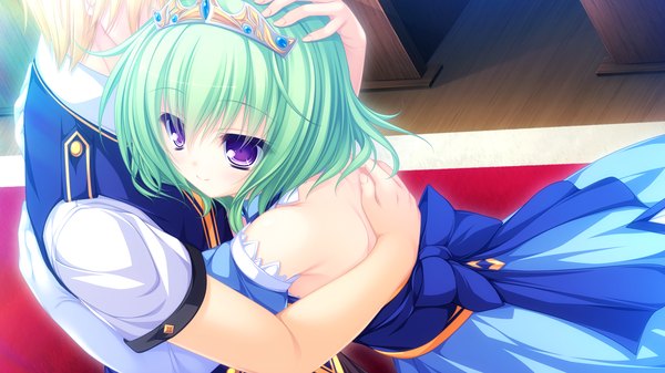 Anime picture 1920x1080 with justy nasty whirlpool (studio) kagami hibiki mikagami mamizu highres short hair wide image purple eyes game cg green hair couple hug girl dress boy tiara