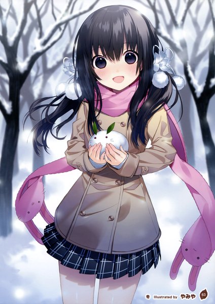 Anime picture 2543x3600 with girls, girls, girls! 10 (artbook) yamiko single long hair tall image looking at viewer blush highres open mouth black hair holding black eyes scan official art snow bare tree girl skirt hair ornament plant (plants)