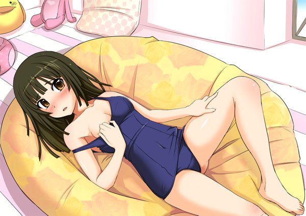 Anime picture 1920x1357 with bakemonogatari shaft (studio) monogatari (series) sengoku nadeko cla (torinabe) single long hair looking at viewer blush highres breasts light erotic black hair brown eyes lying barefoot legs girl swimsuit pillow