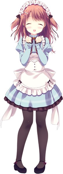 Anime picture 1005x2737 with sugatem! -sugarfull tempering- furukura meru shiratama (shiratamaco) single long hair tall image blush open mouth simple background brown hair white background full body eyes closed official art maid two side up happy ^ ^ girl uniform