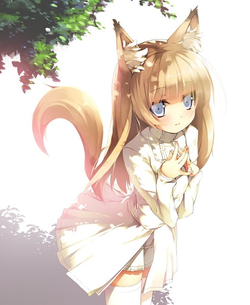 Anime picture 891x1086 with original nekomu single long hair tall image blush blonde hair animal ears tail animal tail fox ears fox tail fox girl silver eyes girl thighhighs dress white thighhighs leaf (leaves)