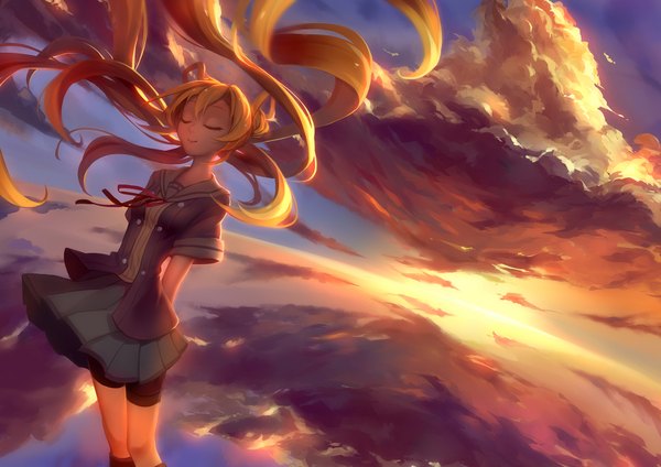 Anime picture 1754x1240 with kantai collection abukuma light cruiser silversirius single long hair highres blonde hair smile standing twintails sky cloud (clouds) wind evening reflection sunset hands behind back horizon girl skirt