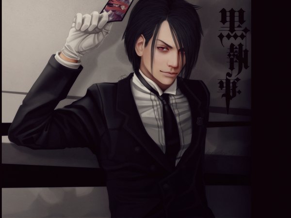 Anime picture 2200x1650 with kuroshitsuji a-1 pictures sebastian michaelis ripa666 single fringe highres short hair black hair red eyes lips hair over one eye realistic inscription hieroglyph boy gloves necktie suit card (cards)