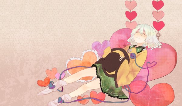 Anime picture 1200x700 with touhou komeiji koishi chiri (o9o9) single short hair wide image white hair eyes closed wavy hair sleeping heart of string girl skirt hat heart green skirt