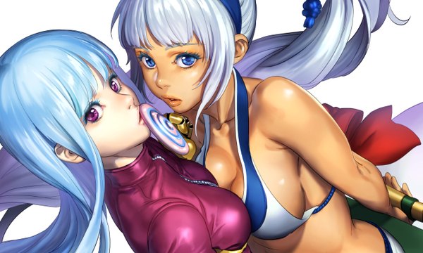 Anime picture 1331x800 with the king of fighters samurai spirits snk kula diamond majikina mina jawaco long hair looking at viewer fringe breasts blue eyes light erotic simple background wide image white background purple eyes multiple girls blue hair ponytail from above