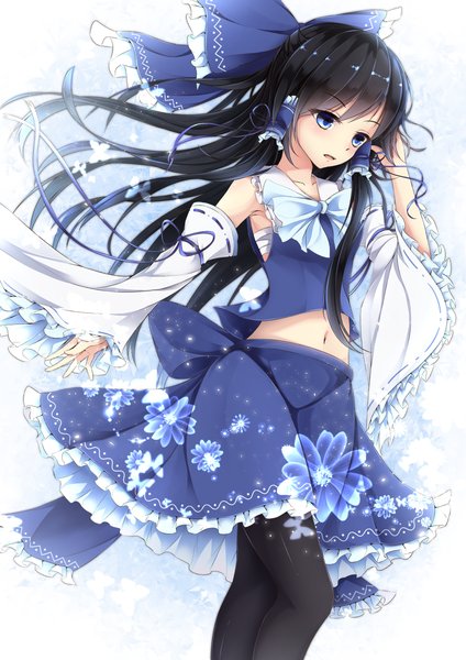 Anime picture 1000x1416 with touhou hakurei reimu toyosaki shu single long hair tall image fringe open mouth blue eyes black hair hair between eyes looking away wide sleeves sparkle alternate color girl skirt navel bow ribbon (ribbons)