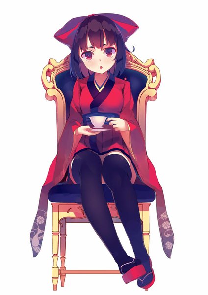 Anime picture 706x1000 with original yasumo (kuusouorbital) single tall image looking at viewer blush fringe short hair open mouth black hair simple background red eyes white background sitting holding pink hair bent knee (knees) long sleeves head tilt pleated skirt
