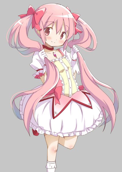 Anime picture 1450x2048 with mahou shoujo madoka magica shaft (studio) kaname madoka tsubaki (tatajd) single long hair tall image looking at viewer simple background standing twintails pink hair pink eyes grey background standing on one leg alternate hairstyle holding hair magical girl alternate hair length girl