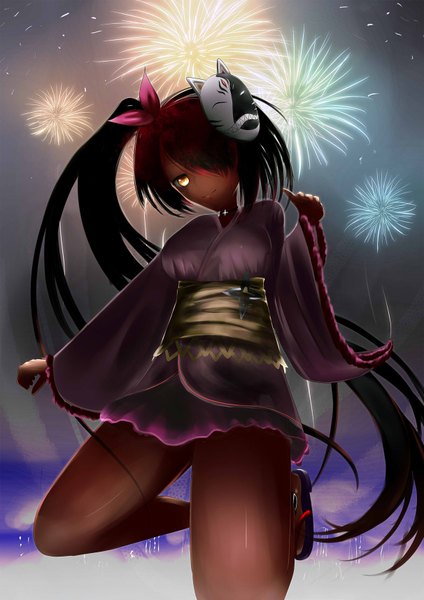 Anime picture 1212x1714 with toloveru toloveru darkness xebec master nemesis mtcexe3 single long hair tall image looking at viewer blush fringe smile yellow eyes ponytail japanese clothes multicolored hair barefoot hair over one eye two-tone hair bare legs