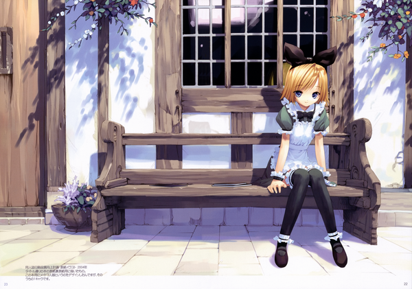 Anime picture 8605x6044 with vocaloid kagamine rin ueda ryou single looking at viewer highres short hair blue eyes blonde hair smile sitting absurdres scan girl thighhighs flower (flowers) bow black thighhighs plant (plants) hair bow