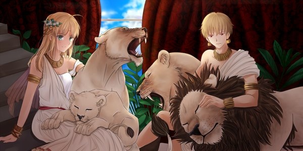 Anime picture 1600x800 with fate (series) fate/zero type-moon artoria pendragon (all) saber gilgamesh (fate) tusia (malta) long hair short hair open mouth blonde hair red eyes wide image green eyes teeth fang (fangs) girl boy plant (plants) earrings
