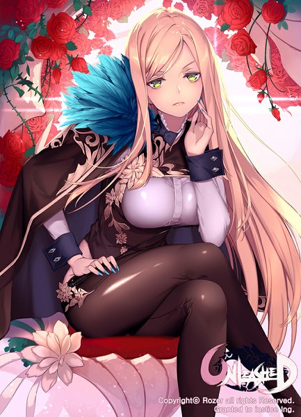 Anime picture 768x1063 with unleashed rozer single long hair tall image looking at viewer blush breasts large breasts sitting green eyes bent knee (knees) fingernails leaning leaning forward copyright name hand on hip crossed legs floral print long fingernails