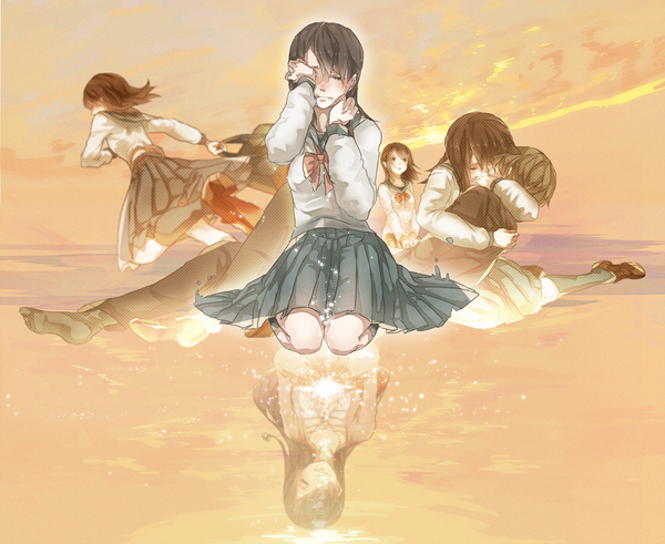 Anime picture 1500x1229 with nico nico singer mizutamari tori long hair blush short hair smile brown hair sitting sky eyes closed pleated skirt wind hug kneeling reflection reclining crying hand on face seiza sad