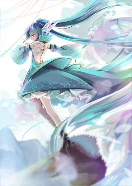 Anime picture 1181x1671 with vocaloid hatsune miku vilor single tall image looking at viewer fringe twintails bare shoulders signed very long hair aqua eyes light smile aqua hair bare legs tattoo high heels puffy sleeves back turning head