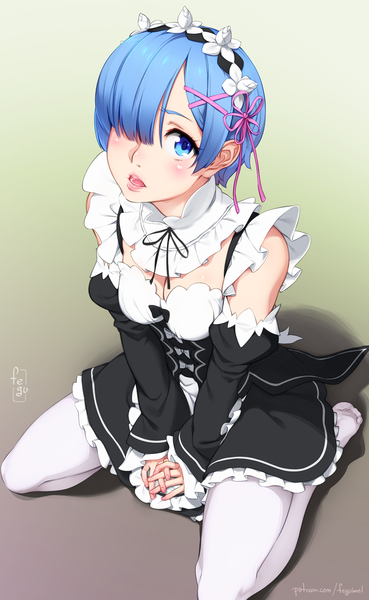 Anime picture 950x1543 with re:zero kara hajimeru isekai seikatsu white fox rem (re:zero) feguimel single tall image looking at viewer blush fringe short hair open mouth blue eyes blue hair hair over one eye maid girl dress uniform detached sleeves frills