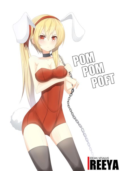 Anime picture 2480x3507 with original riki-to single long hair tall image highres light erotic blonde hair red eyes animal ears ponytail bunny ears side ponytail girl thighhighs black thighhighs hairband chain bunnysuit