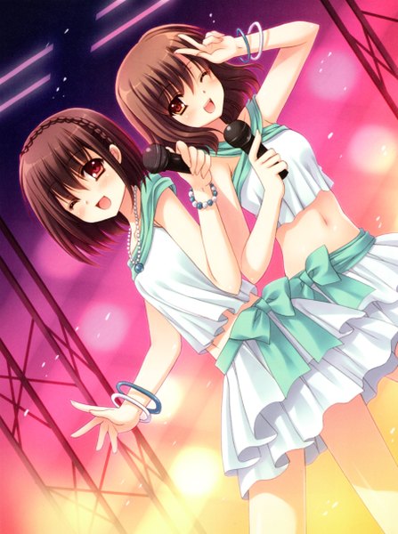 Anime picture 3630x4870 with kimi to issho ni nishimata aoi tall image blush highres short hair open mouth brown hair multiple girls brown eyes absurdres one eye closed wink girl skirt navel ribbon (ribbons) 2 girls bracelet microphone