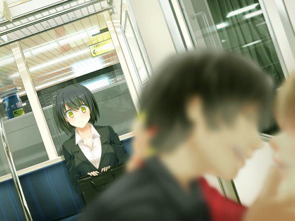 Anime picture 1000x750 with original souji hougu blush short hair open mouth black hair blonde hair sitting green eyes depth of field couple reflection hand on head face to face surprised sad frown almost kiss office lady train interior