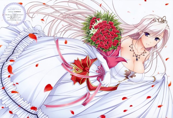 Anime picture 9917x6775 with princess lover charlotte hazellink komori kei single long hair blush highres blue eyes simple background white background absurdres white hair scan girl dress gloves flower (flowers) petals elbow gloves rose (roses)