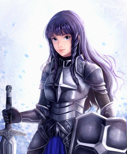 Anime picture 1500x1813 with avachi single long hair tall image looking at viewer simple background purple eyes purple hair braid (braids) knight girl weapon sword armor shield
