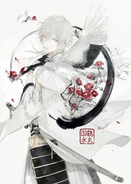 Anime picture 800x1122 with touken ranbu nitroplus tsurumaru kuninaga daken single tall image looking at viewer fringe short hair white background yellow eyes white hair traditional clothes parted lips japanese clothes looking back wide sleeves pale skin sheathed boy