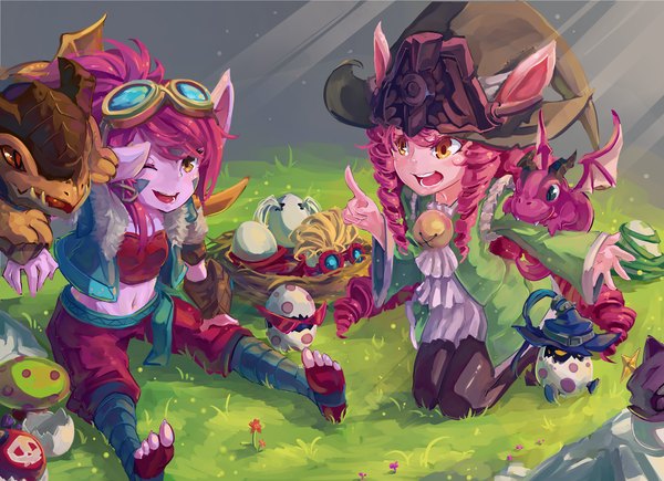Anime picture 2776x2016 with league of legends lulu (league of legends) teemo (league of legends) tristana (league of legends) amumu (league of legends) veigar (league of legends) kennen (league of legends) heimerdinger (league of legends) ziggs (league of legends) kurokitsune (float0108) highres short hair open mouth smile sitting multiple girls yellow eyes pink hair very long hair one eye closed