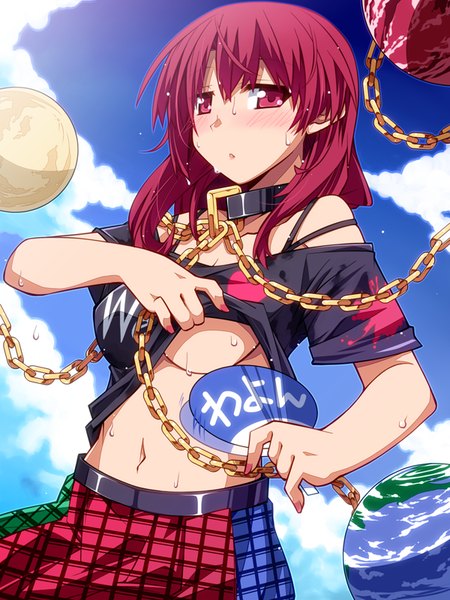 Anime picture 600x800 with touhou hecatia lapislazuli hemogurobin a1c single long hair tall image looking at viewer blush fringe breasts light erotic hair between eyes pink hair cloud (clouds) nail polish pink eyes bare belly :o sweat plaid skirt