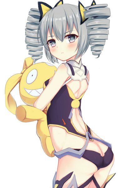 Anime picture 1325x2000 with benghuai xueyuan 2 bronya zaychik qunqing single tall image looking at viewer blush fringe short hair breasts light erotic simple background hair between eyes standing white background twintails ass looking back grey hair grey eyes