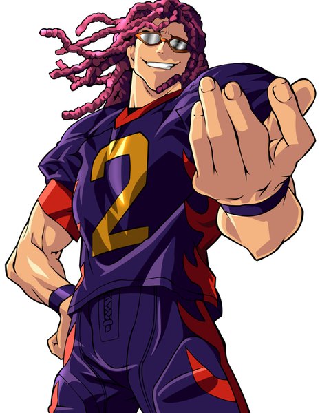 Anime picture 1258x1622 with eyeshield 21 production i.g kongo agon tall image simple background smile white background pink hair grin vector boy uniform glasses gym uniform wristlet dreadlocks