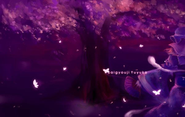 Anime picture 1598x1019 with touhou saigyouji yuyuko yi denka single japanese clothes from behind cherry blossoms girl plant (plants) petals tree (trees) bonnet fan