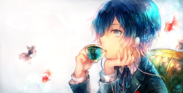 Anime picture 1000x511 with persona 3 persona arisato minato shigaraki (strobe blue) looking at viewer short hair simple background wide image blue hair profile silver eyes drinking music boy uniform ribbon (ribbons) school uniform shirt headphones fish (fishes)