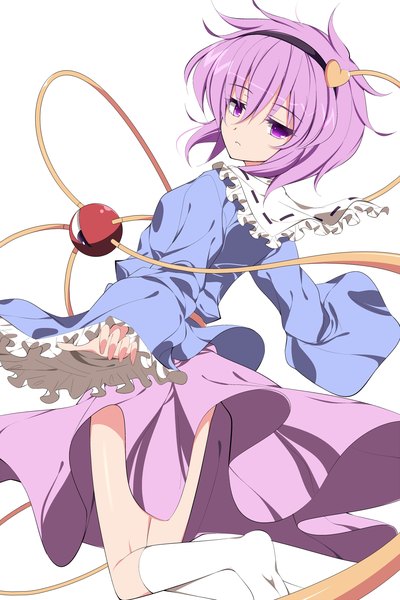 Anime picture 1000x1500 with touhou komeiji satori isa single tall image looking at viewer fringe short hair simple background white background purple eyes purple hair nail polish no shoes spread arms jumping girl socks white socks