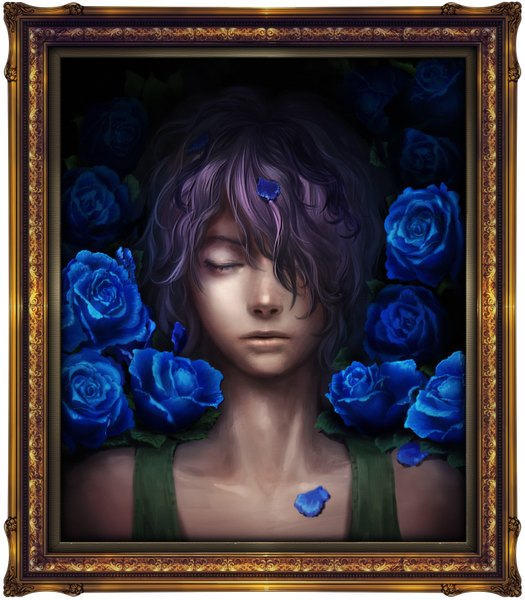 Anime picture 3071x3508 with ib (game) garry (ib) yuanmaru single tall image fringe highres short hair absurdres purple hair eyes closed hair over one eye portrait framed boy flower (flowers) petals rose (roses) blue rose