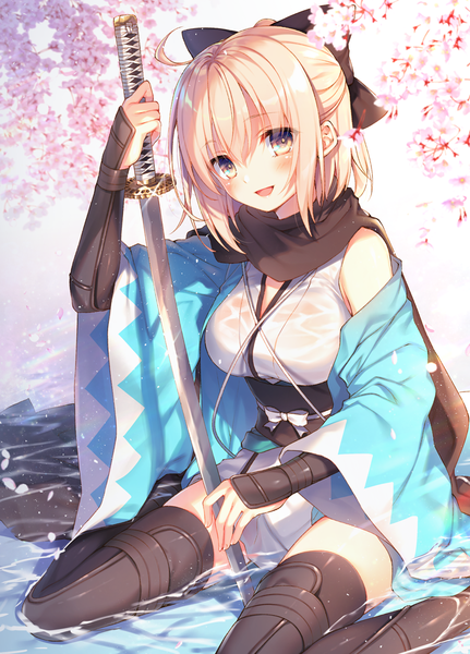 Anime picture 790x1100 with fate (series) okita souji (fate) (all) okita souji (koha-ace) toosaka asagi single tall image looking at viewer blush short hair open mouth light erotic blonde hair sitting yellow eyes ahoge traditional clothes :d japanese clothes partially submerged cherry blossoms