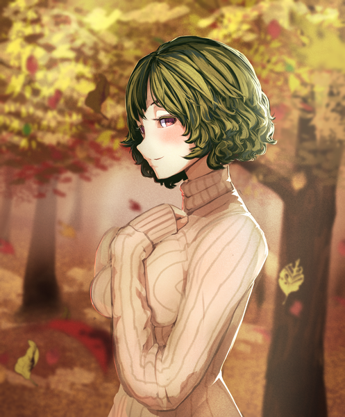 Anime picture 1784x2152 with touhou kazami yuuka kikimifukuri single tall image looking at viewer blush highres short hair breasts smile red eyes large breasts profile green hair hand on chest sleeves past wrists girl plant (plants) tree (trees)