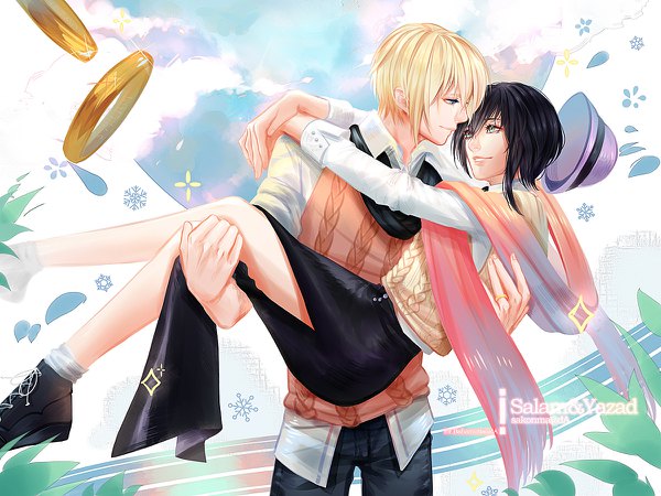 Anime picture 1200x900 with original yazad salam sakonma short hair blue eyes black hair blonde hair green eyes multiple boys couple hug side slit face to face shounen ai hat removed carrying princess carry borrowed character boy