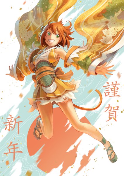Anime picture 1060x1500 with original pinakes single tall image fringe short hair breasts smile green eyes animal ears tail animal tail orange hair bare legs girl detached sleeves sandals