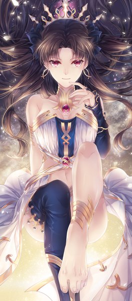 Anime picture 709x1610 with fate (series) fate/grand order ishtar (fate) silverbin single long hair tall image looking at viewer black hair red eyes bare shoulders two side up legs girl thighhighs dress hair ornament earrings single thighhigh