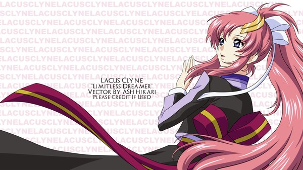 Anime picture 3992x2252 with mobile suit gundam gundam seed destiny sunrise (studio) lacus clyne single long hair highres open mouth wide image pink hair absurdres ponytail from behind inscription grey eyes vector girl hair ornament bow hair bow