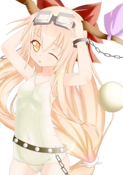 Anime picture 2893x4092 with touhou ibuki suika gennsuikyou single long hair tall image highres open mouth blonde hair yellow eyes one eye closed horn (horns) wink loli girl bow swimsuit hair bow chain goggles