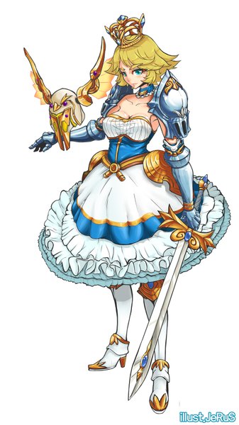Anime picture 1000x1778 with monster strike trombe single tall image blush fringe short hair breasts blue eyes simple background blonde hair white background girl dress weapon animal sword armor bird (birds) crown
