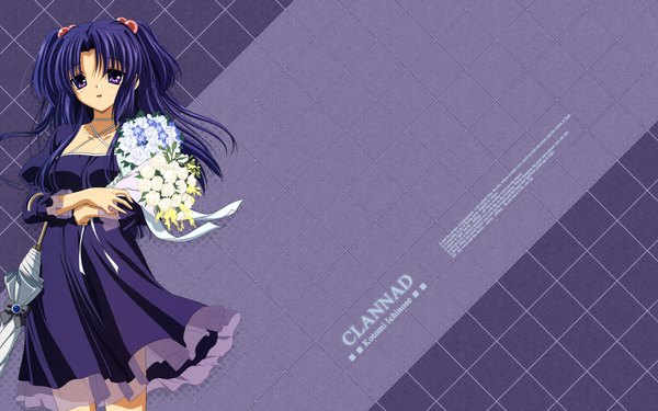 Anime picture 1920x1200 with clannad key (studio) ichinose kotomi single long hair looking at viewer highres open mouth blue eyes wide image blue hair two side up wallpaper closed umbrella girl dress flower (flowers) umbrella bouquet blue dress