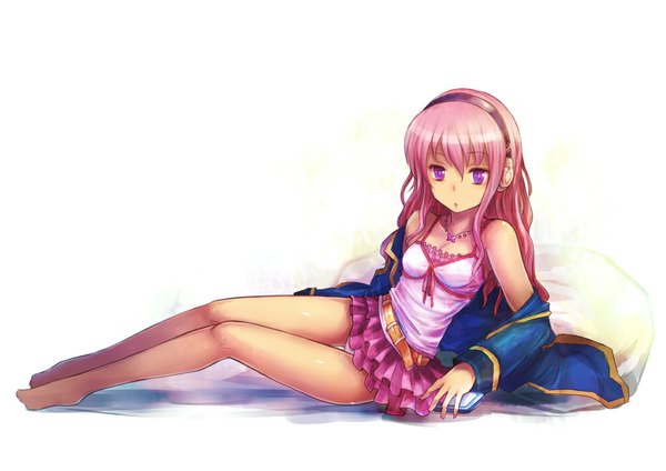 Anime picture 1000x707 with tantei opera milky holmes tooyama saku kara (color) single long hair blush open mouth simple background white background purple eyes bare shoulders pink hair lying barefoot legs girl miniskirt hairband jewelry