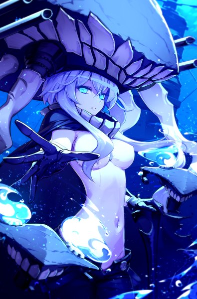 Anime picture 1045x1586 with kantai collection wo-class aircraft carrier hwansang single long hair tall image looking at viewer fringe light erotic parted lips aqua eyes covered navel light underwater arched back outstretched hand shinkaisei-kan open pants girl gloves