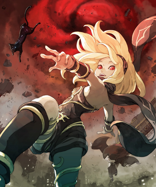 Anime picture 1877x2257 with gravity daze kat (gravity daze) dusty (gravity daze) crow (gravity daze) long hair tall image looking at viewer highres open mouth blue eyes black hair blonde hair red eyes bare shoulders multiple girls sky cloud (clouds) wind official art city