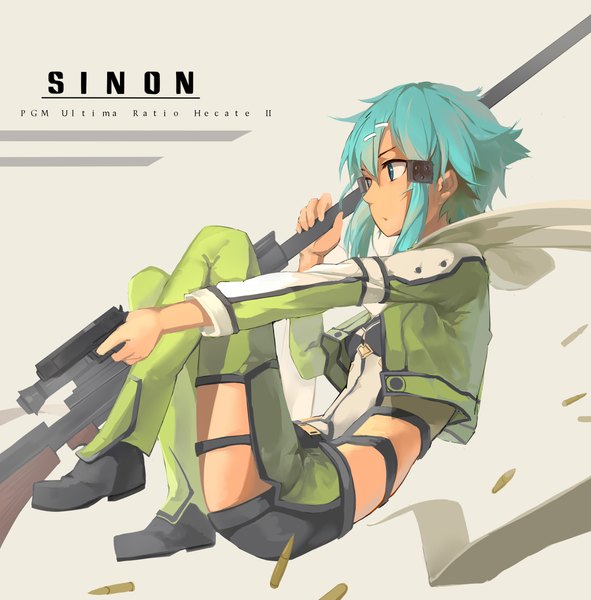 Anime picture 2316x2352 with sword art online a-1 pictures asada shino huanxiang heitu single tall image highres short hair blue eyes looking away aqua hair inscription open clothes open jacket girl hair ornament weapon jacket scarf gun