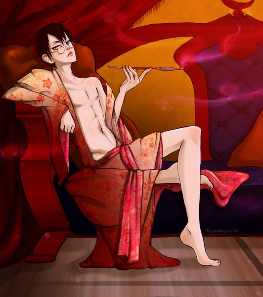 Anime picture 1500x1692 with xxxholic clamp watanuki kimihiro punkypeggy single tall image short hair light erotic black hair traditional clothes japanese clothes barefoot open clothes heterochromia crossed legs smoke boy navel glasses couch